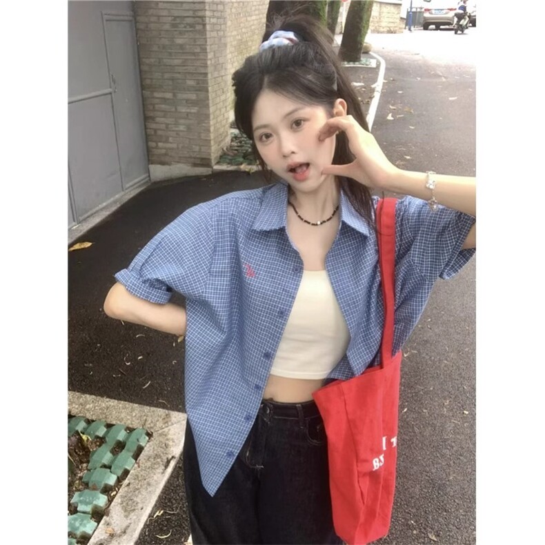 刺绣短袖蓝色格子衬衫女夏季2025韩系学院风薄款衬衣宽松开衫外套,男装T恤,星座506A