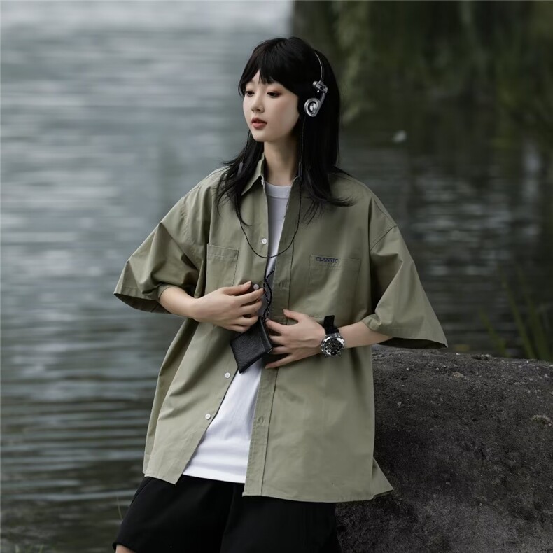 短袖衬衫女夏季日系休闲工装衬衣潮牌宽松情侣百搭外衣CY459-P32,男装衬衫,星座412-3