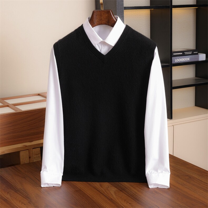秋冬季新款舒适时尚百搭12针V领马甲，男装背心/马甲，伊绒腾羊绒