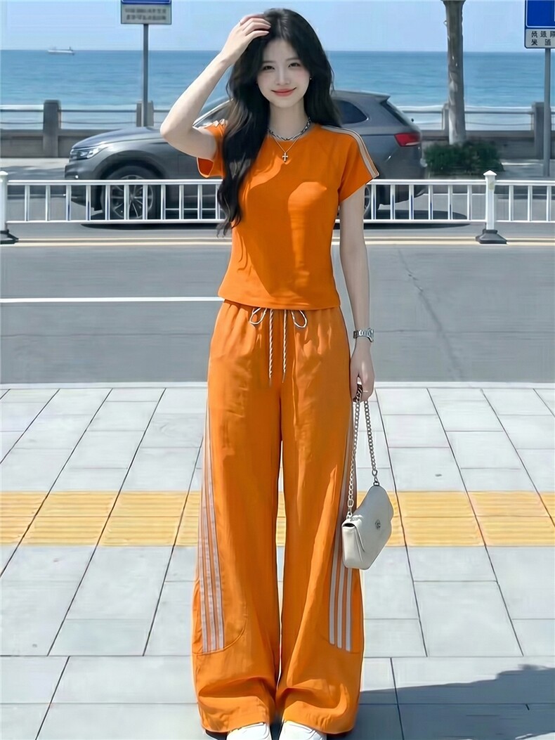 港风炸街休闲运动套装女夏洋气显瘦修身圆领短袖上衣长裤两件套潮,女装套装/套裙,江南