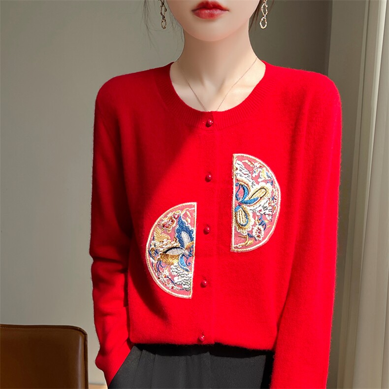 休闲/淑女2024年秋季羊毛长袖纯毛绣贴开衫保暖舒适,女装羊毛衫,梵泰羊绒