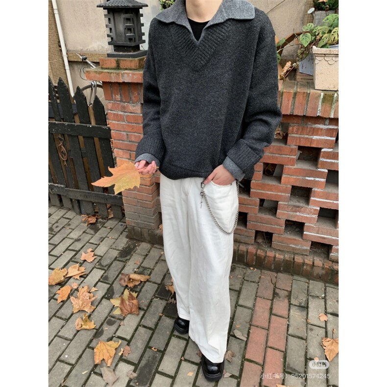 秋冬款~老钱风cleanfit假两件撞色领慵懒风毛衣针织W1333/特P65,男装针织衫/毛衣,电商B350