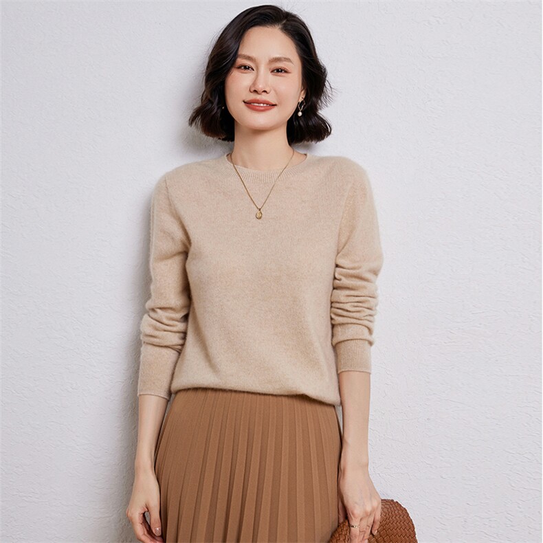 优雅女士羊毛圆领毛衣简约百搭显瘦长袖针织衫,女装羊毛衫,温伦斯特羊绒