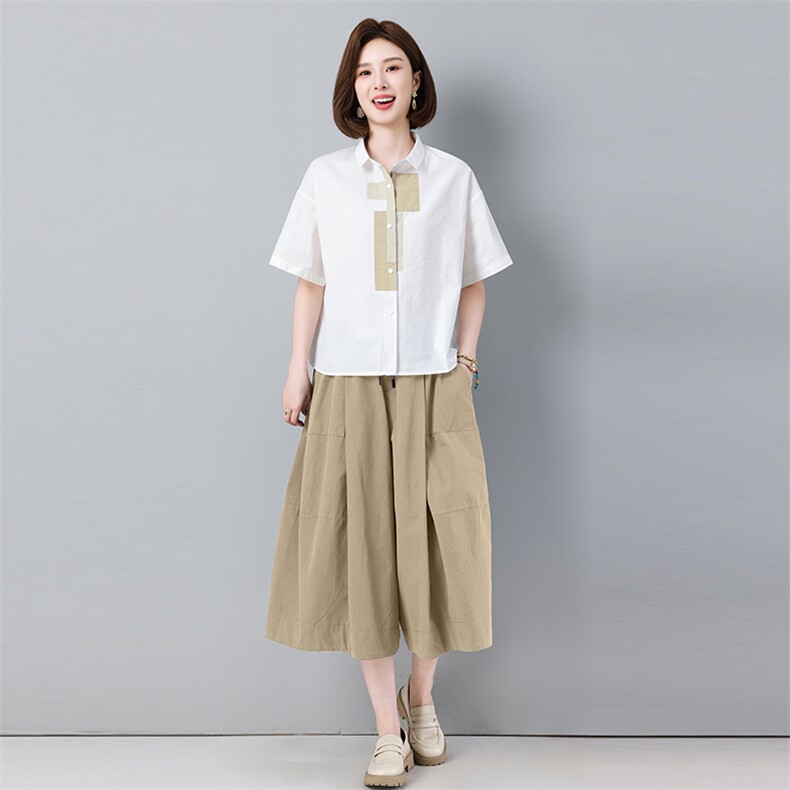 中年妈妈时尚阔腿裙裤套装女夏季2025新款宽松减休闲龄衬衫两件套,女装套装/套裙,秋牧寒烟