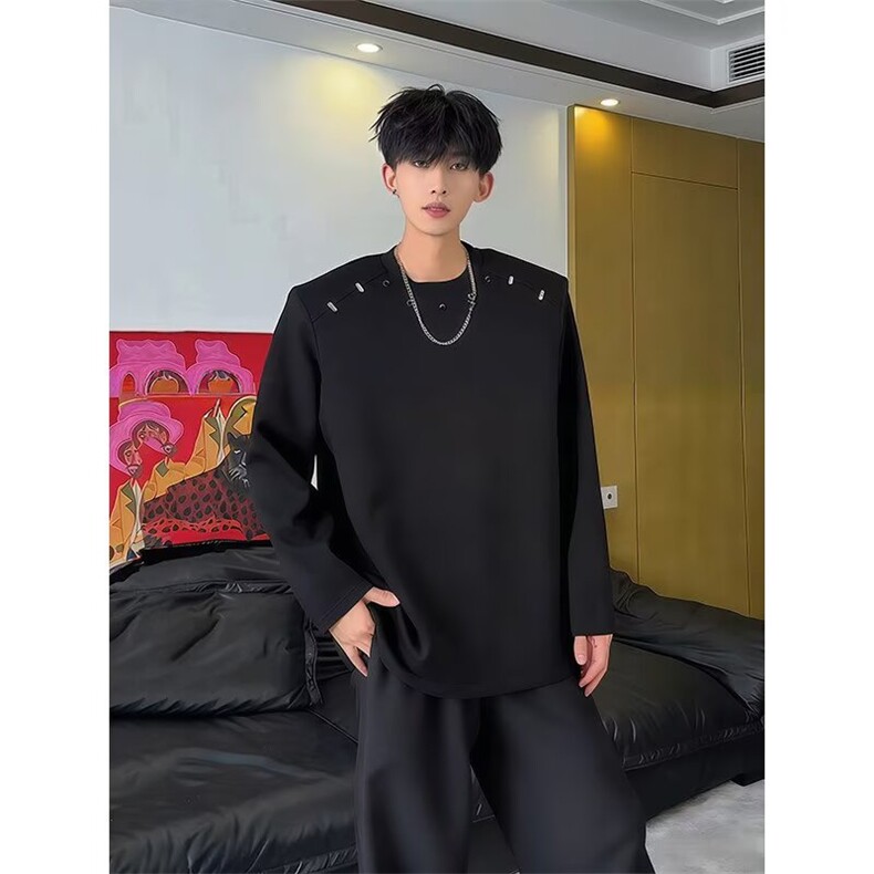 网络图高质量钉扣装饰长袖T恤黑色白色M到3XLXZ212-1-QWT721-P45,男装T恤,星座212-1