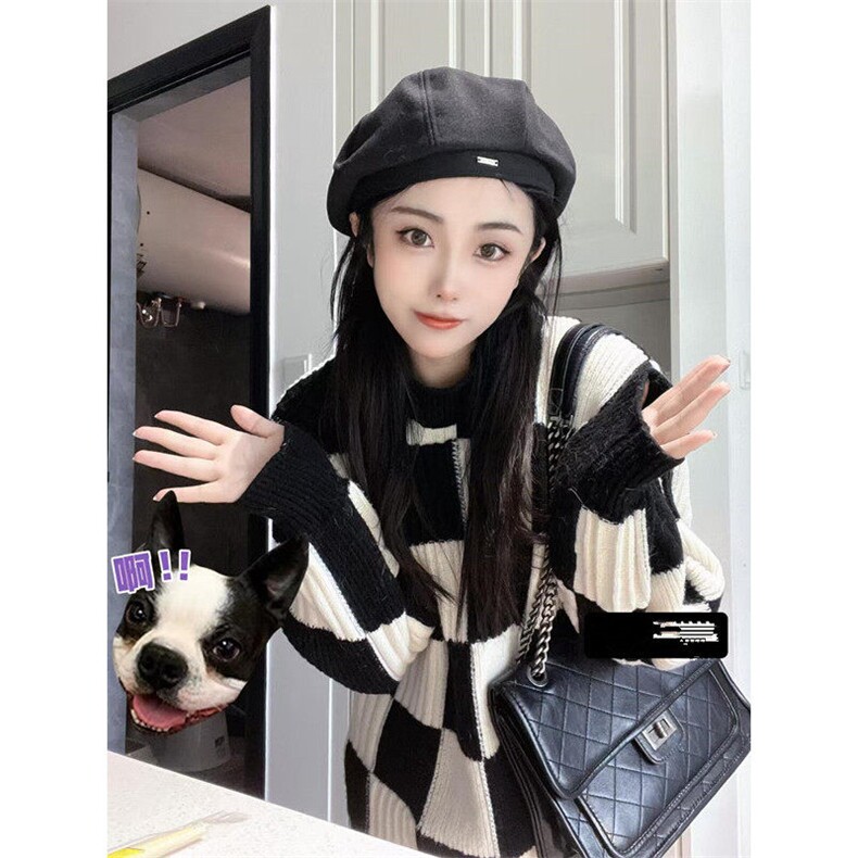 棋盘格毛衣女秋冬设计感小众上衣复古日系慵懒风针织衫M142,男装针织衫/毛衣,星座1116A（原606A-3）