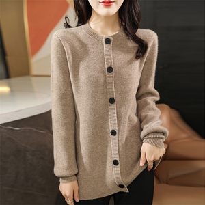 羊毛韩系圆领束腰假开衫2024年秋季纯色简约针织衫图片