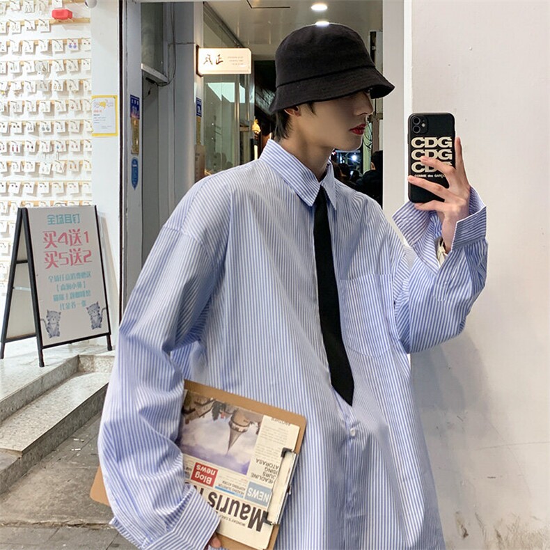 超火条纹衬衫男女设计感小众宽松长袖盐系雾霾蓝内搭衬衣-C383,男装衬衫,星座601-1