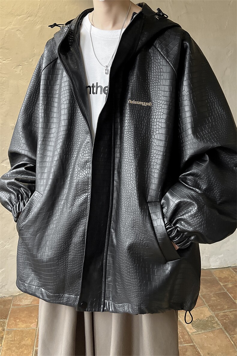 1港风连帽鳄鱼纹PU皮大码M-5XL情侣女冲锋衣夹克男JK8744P90控128,男装夹克,星座226-2