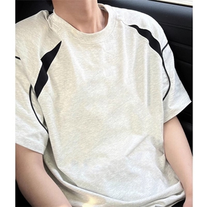 抖音得物品质二开240克宽松纯棉美式高街潮牌拼接织带短袖T恤图片