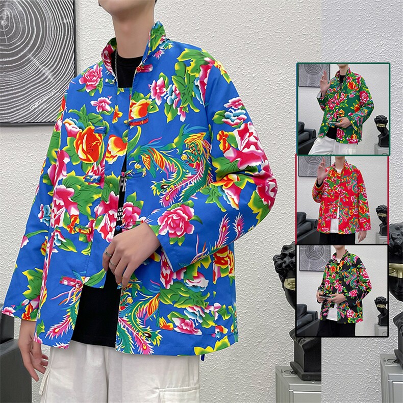 PK01东北大花布汉服春秋男女二人转抖音民族风农家乐年会演出，男装夹克，星座115A(原星座507）