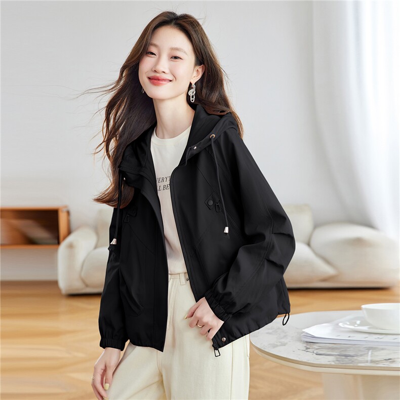 洋气粉色连帽短款风衣外套女2025秋季新款宽松休闲派克服夹克上衣,女装短外套,慕咨