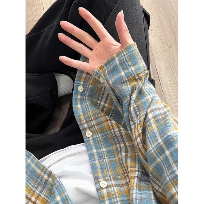 黄蓝色格子设计感衬衫高级感痞帅美式复古防晒衬衣CS002特P34,男装防晒衣,星座908-1