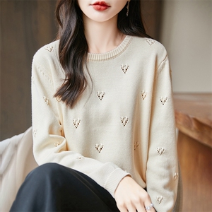 法式100%纯棉圆领毛衣女2025新款秋冬宽松慵懒风针织衫长袖打底衫图片