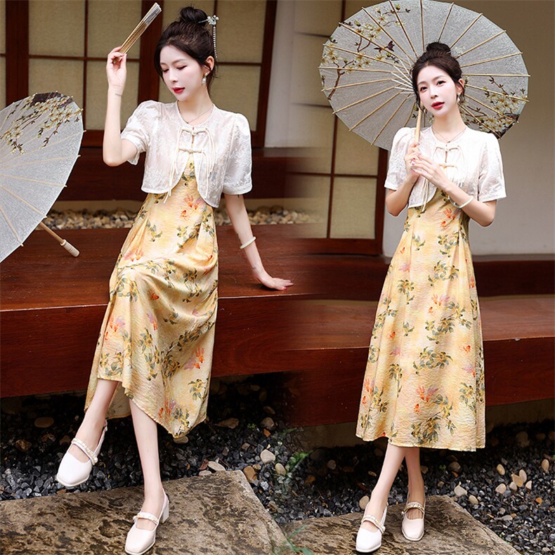 新中式套装女夏2025新款复古国风印花吊带裙两件套真丝短袖连衣裙，女装套装/套裙，众宇琦