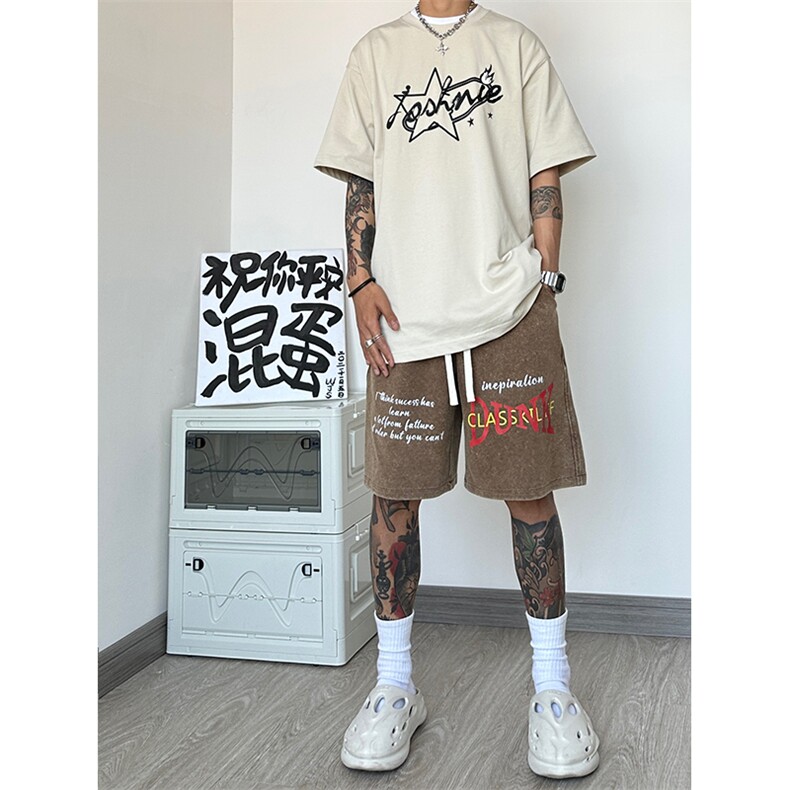 港风纯棉320G重磅水洗做旧印花短裤A014-DY2372-P50控68,男装牛仔裤,电商A014