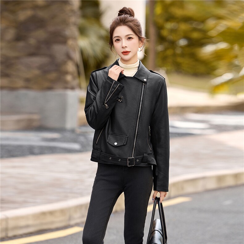 2025新款高级感小个子美拉德咖色翻领短款皮衣外套女秋冬加绒加厚,女装皮衣,江南女神