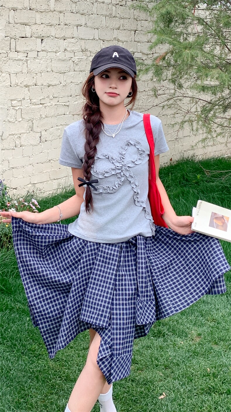 俏皮减龄休闲短袖T恤套装裙女夏新款显瘦学院风格子半身裙两件套,女装半身裙,2D014