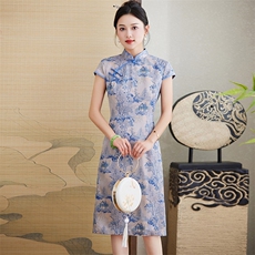 宋锦真丝旗袍2025新款大牌奢华粉色提花连衣裙复古日常减龄国风，女装汉服/婚纱/旗袍/礼服，媚琳依坊