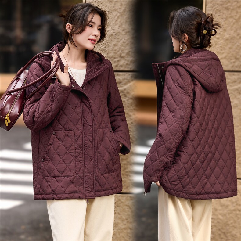 2025年冬季中长款连帽夹棉菱格棉衣棉服外套,女装棉衣/棉服,简韵佳