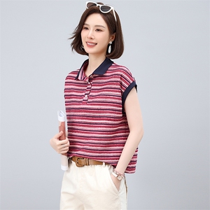 小个子条纹翻领T恤女夏季韩版休闲宽松年轻款妈妈薄款小衫上衣潮图片