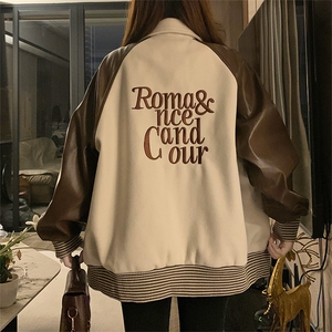 拼接PU皮美式复古刺绣棒球服外套女春秋韩版夹克上衣C489-P80图片