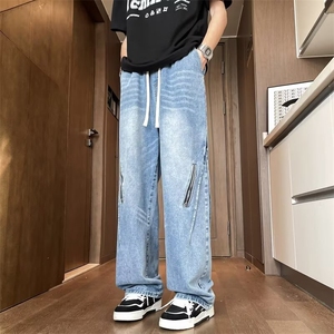 水洗做旧黑色春季牛仔裤子男款宽松阔腿裤子 N7020图片