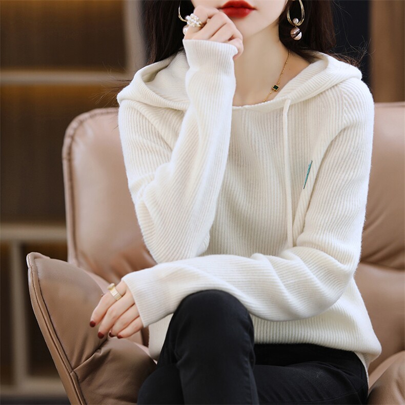 时尚女装秋冬新款粉色羊毛衫修身显瘦长袖连帽毛衣舒适保暖针织衫,女装羊毛衫,鑫之绒