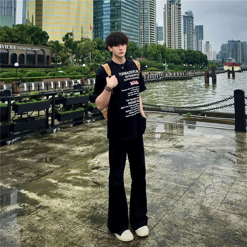 黑色微喇西裤男款秋季宽松垂感弯刀裤子高级感直筒西装裤XX374,男装西服套装,星座208-5