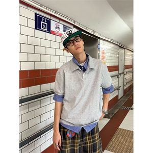 得物抖音高品质二开夏季美式潮牌高街假两件格子衬衣翻领短袖T恤