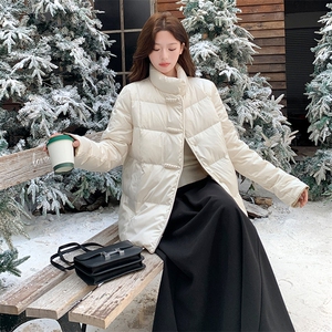 短款立领拼接袖简中式一手长加厚羽绒服女宽松保暖外套图片