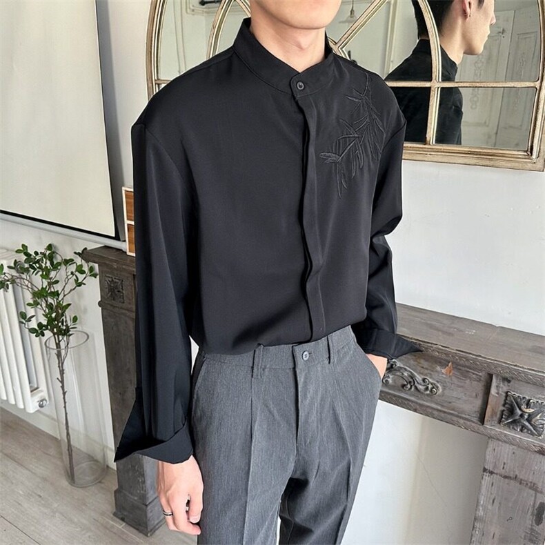 痞帅刺绣立领衬衫男长袖轻熟风男装春秋季垂坠感休闲衬衣CA691,男装衬衫,星座1116A-2（原606A-1）
