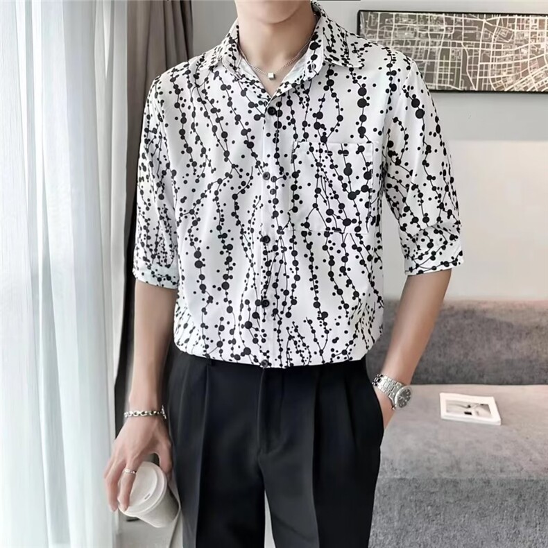 ins气质潮流潮夏季衬衫时尚文艺标准青春流行男七分袖新款日系图片