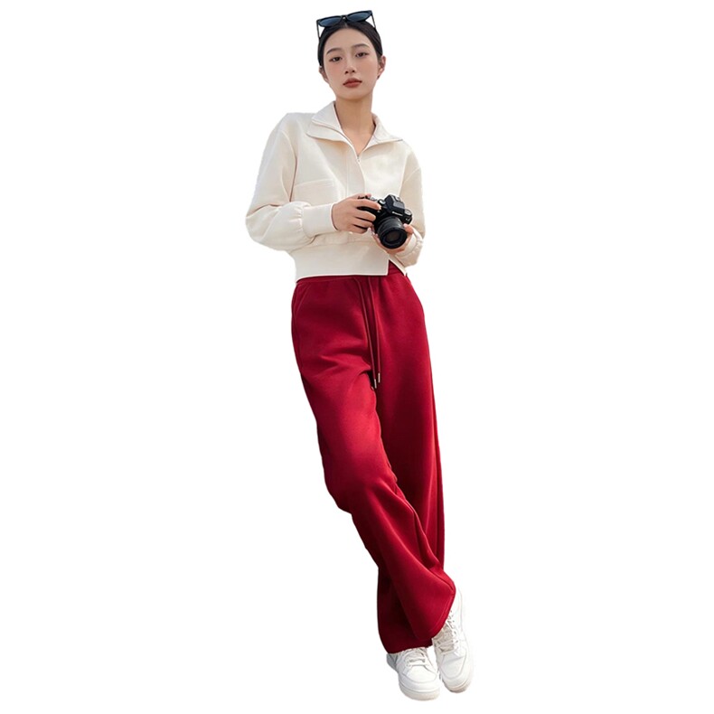 韩版时尚气质套装女春新款修身显瘦杏色立领短款卫衣阔腿裤两件套,女装套装/套裙,2C310