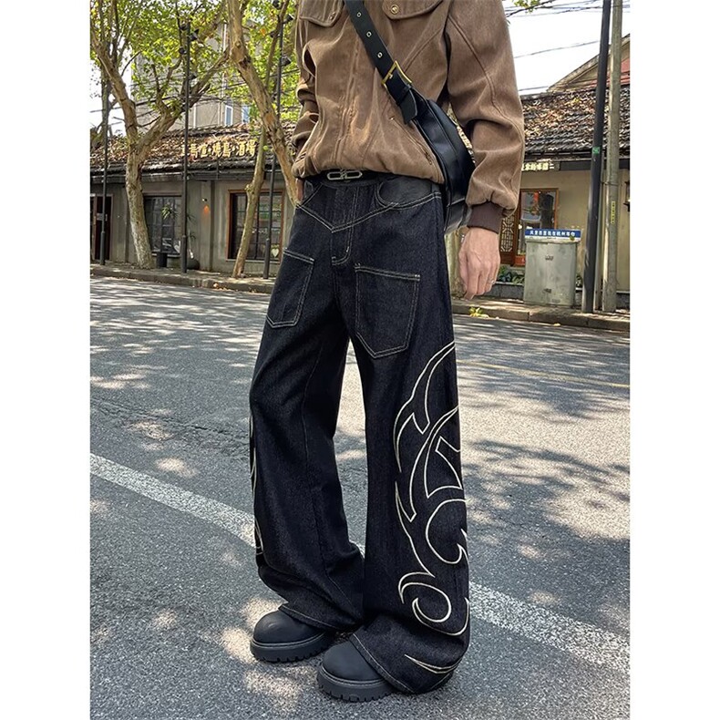 港风复古明线印花牛仔裤街头风宽松阔腿工装裤1001-1-AF717-P75,男装牛仔裤,星座1001-1