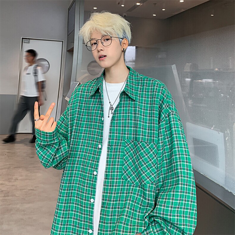 衬衫男2025春季新款港风宽松磨毛大码格子长袖衬衣CS510-P38(现货,男装衬衫,星座214-3
