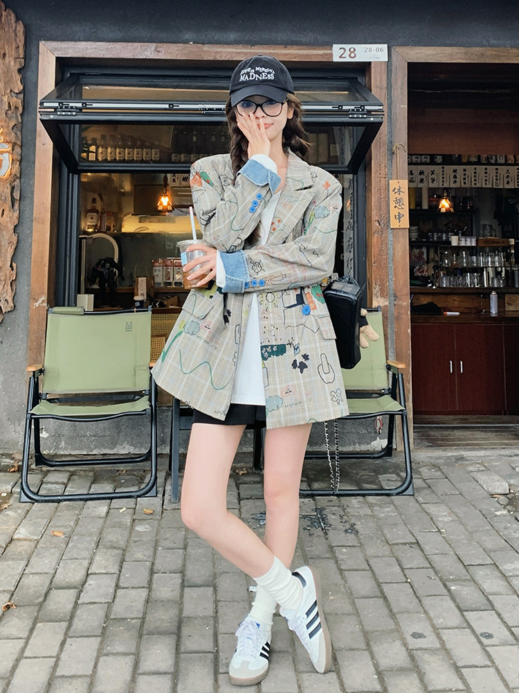 独特超好看涂鸦西装外套女春秋2025新款设计感小众休闲学院风西服,女装西装,浙宝192（原082）