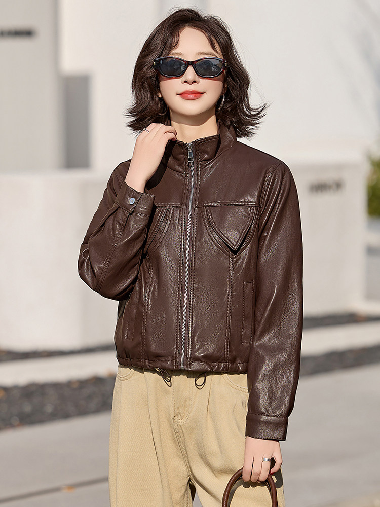 皮衣外套女短款2025新款春季时尚立领小个子休闲机车服皮夹克上衣,女装皮衣,臻衣坊