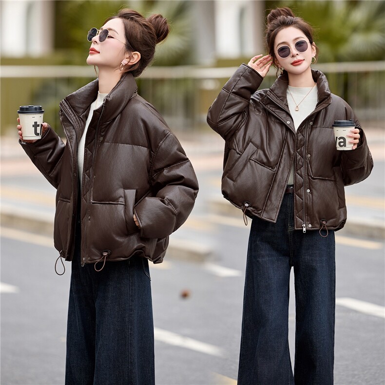 pu皮短款羽绒服女冬季2025新款小个子今年流行款加厚保暖外套立领,女装羽绒服,依万里