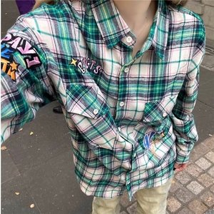 DC28-P45秋冬潮格子长袖衬衫男女美式字母宽松外套-网图现货图片