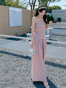 粉色法式简约甜美风吊带上衣套装女2025夏季新款高腰阔腿裤两件套图片