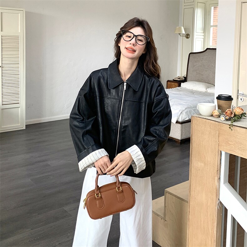 黑色复古短款皮衣外套女2025春季新款高级感休闲翻领pu皮夹克上衣,女装皮衣,2C176