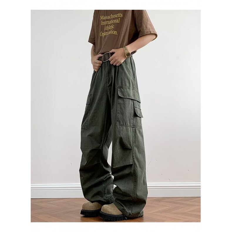 美式复古多口袋褶皱工装裤男女高街潮牌做旧阔腿裤K9002-P66网图，女装牛仔裤，电商B245