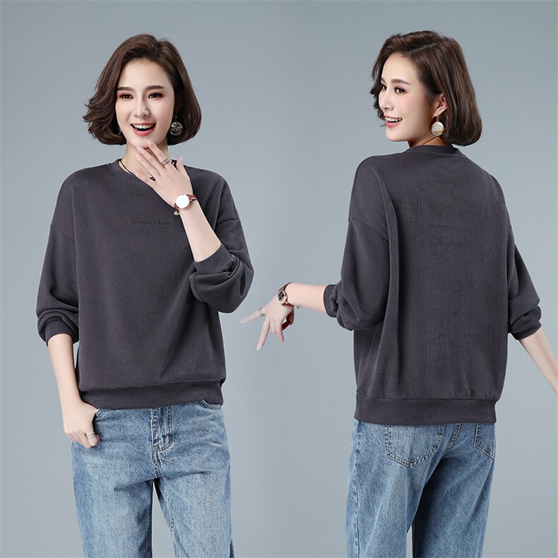 长袖卫衣女2021春秋装新款套头短款纯色40-49周岁圆领宽松单件上衣，女装卫衣/绒衫，伊满意
