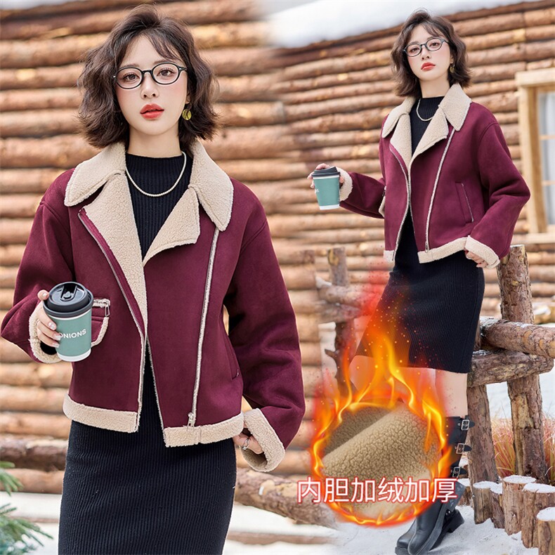 冬季加厚保暖皮毛一体外套女2024新款小个子短款羊羔毛机车服棉衣图片