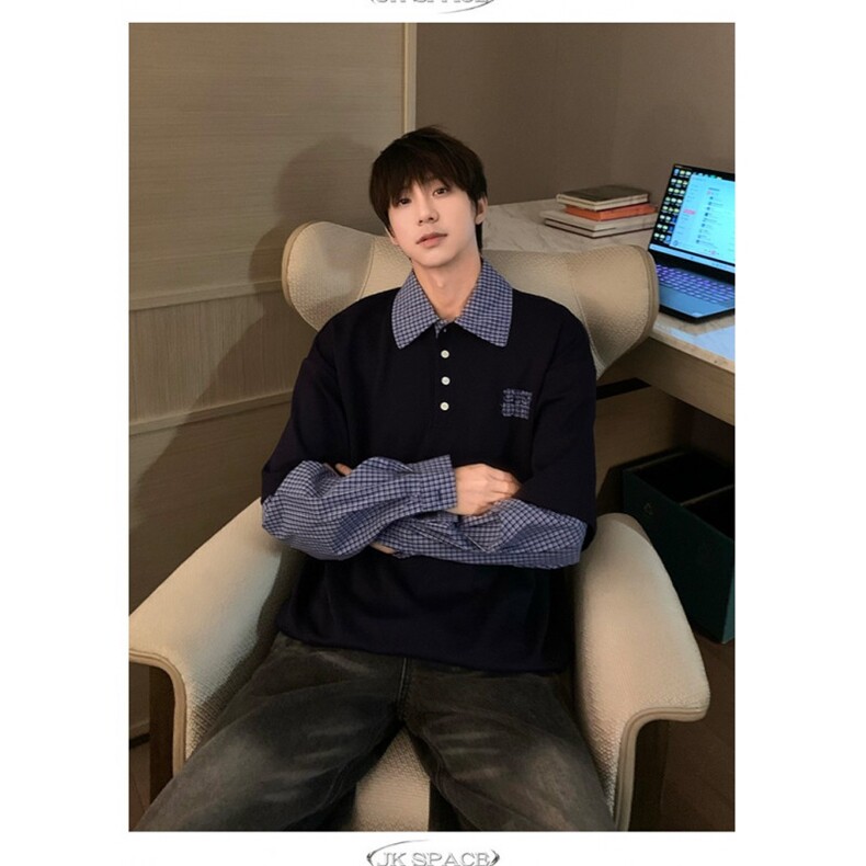 简约秋季格子拼接假两件长袖t恤休闲百搭衬衫老钱风cleanfit,男装T恤,星座813-2