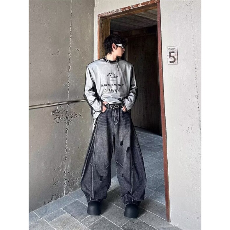 欧美高街vibe做旧弯刀牛仔裤男女新款拼接休闲宽松显瘦Z7824P55,男装牛仔裤,星座1112-1