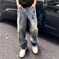 复古蓝美式高街复古牛仔裤男春秋季新款设计感vibe工装直筒裤，男装牛仔裤，四季星座505