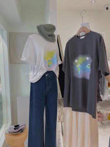 现货喷墨印花t水洗麻棉材质，女装，ADHERE