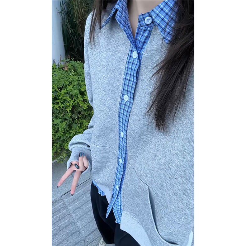 特批45新品假两件男女同款情侣拼接格子休闲卫衣百搭WY8715,男装卫衣,电商A128